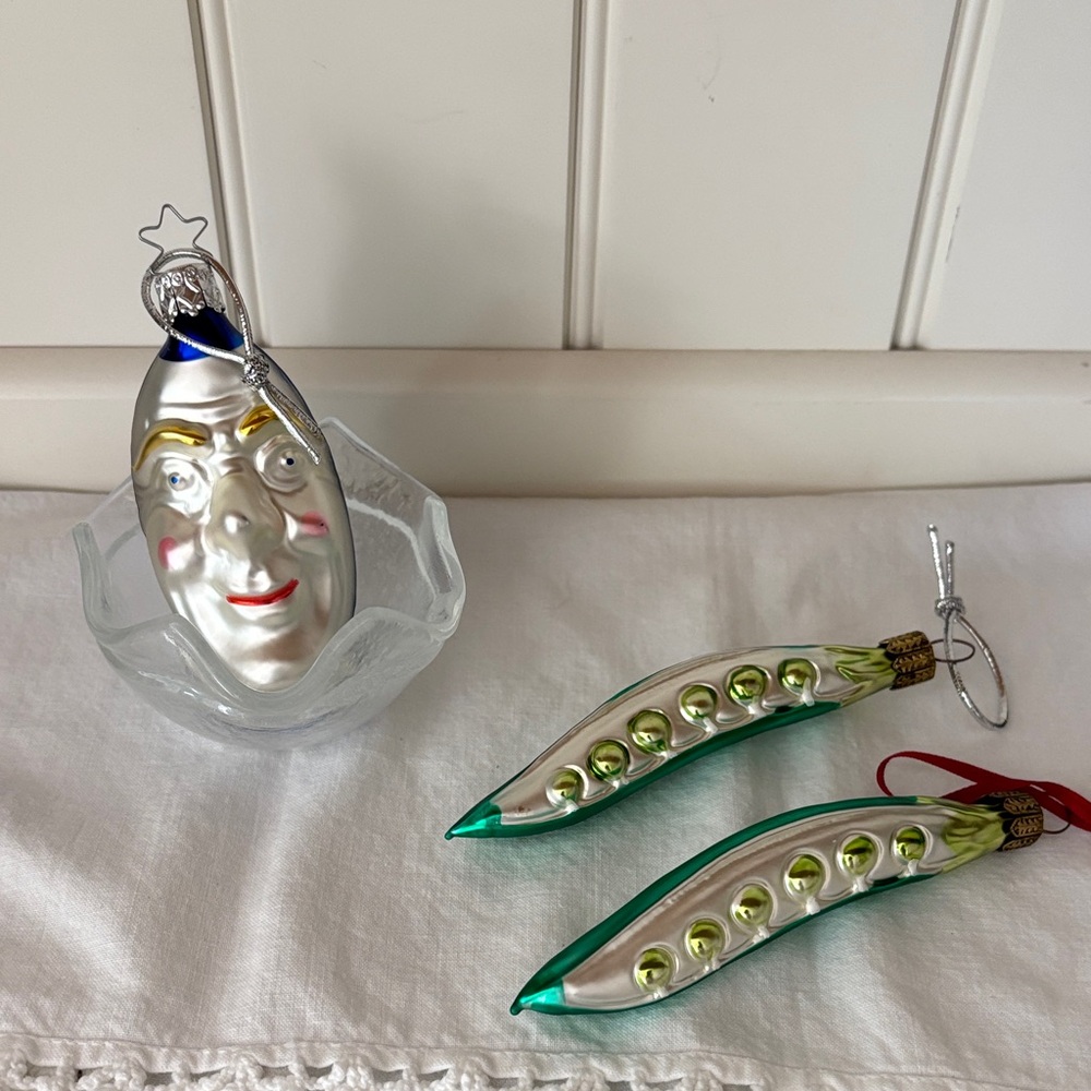 Vintage Man in the Moon (Face) Ornament & Pea Pod Ornament Set